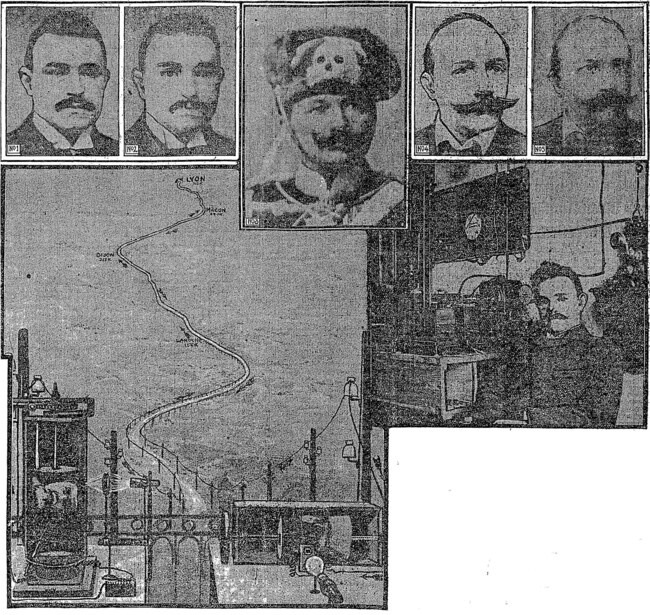 Vintage newspaper composite with five portrait photographs and industrial landscape imagery