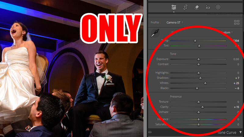 Screenshot comparison showing wedding reception photo on left with Lightroom Classic adjustment panel on right