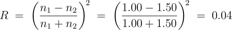 Fresnel equation formula calculating reflectance with refractive indices 1.00 and 1.50