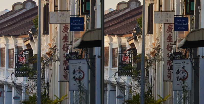 Side-by-side comparison of the same Asian street scene showing architectural details and signage
