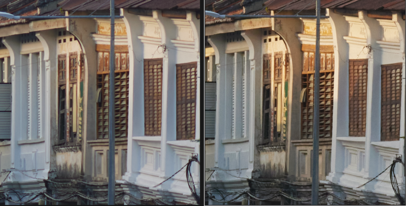 Side-by-side comparison of colonial-style building facade with warm and cool white balance
