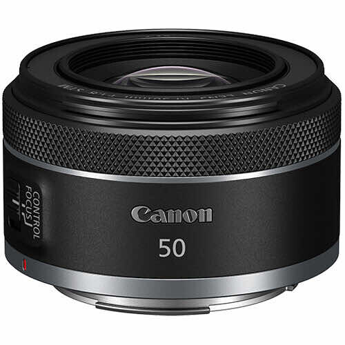 Canon RF 50mm f/1.8 STM lens with textured grip ring and silver metal mount