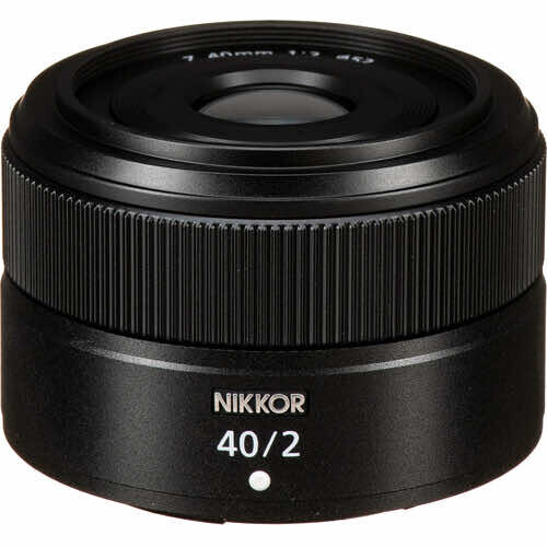 Nikkor 40mm f/2 prime lens with black barrel and ribbed focus ring