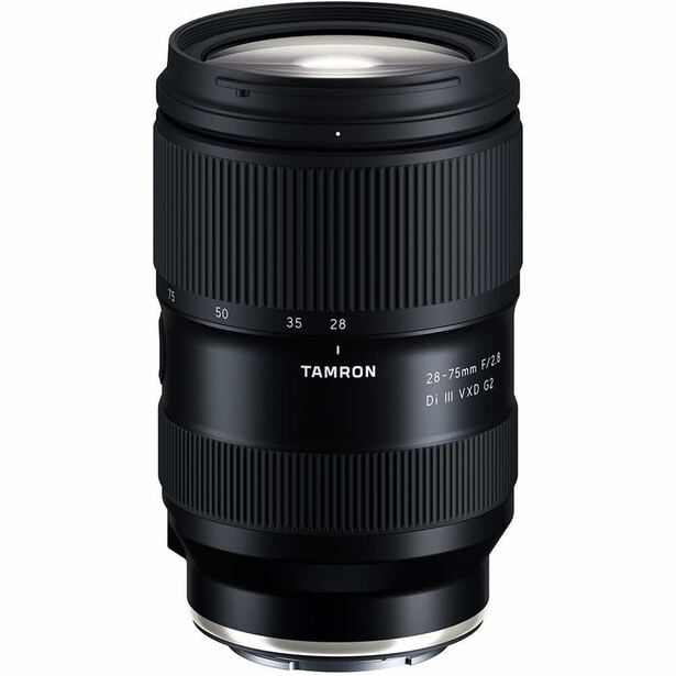 Tamron 28-75mm f/2.8 Di III RXD lens with black barrel and ribbed focus ring against white background