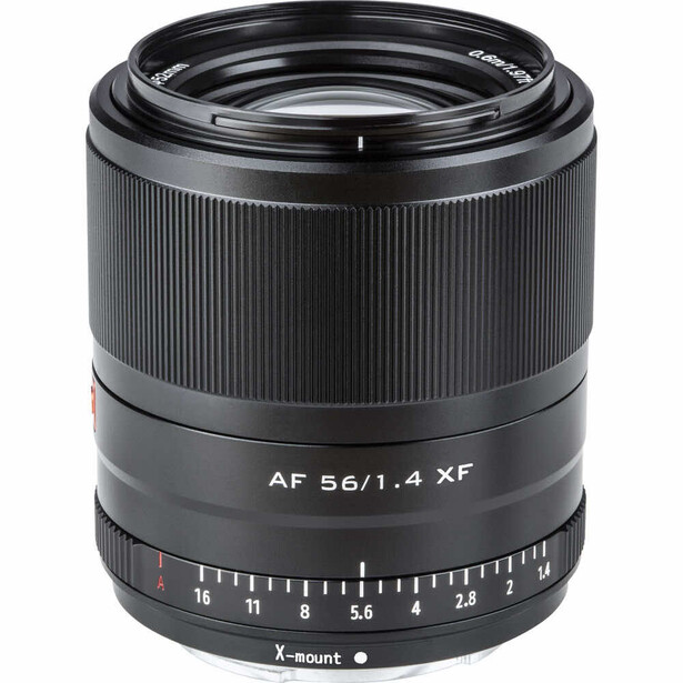 Viltrox AF 56mm f/1.4 XF prime lens for X-mount cameras with focus ring and distance scale visible
