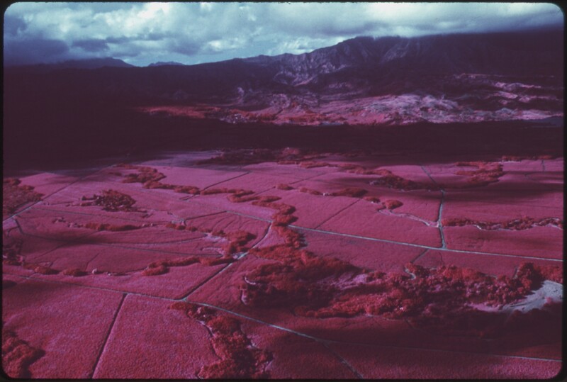 Infrared aerial view of agricultural fields with mountains and clouds