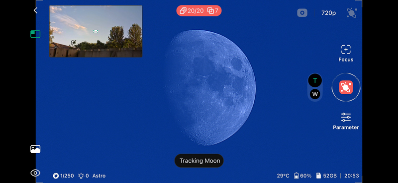 Screenshot of moon tracking application showing detailed lunar surface