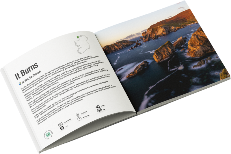Open magazine spread displaying landscape photography with mountain and water scenery