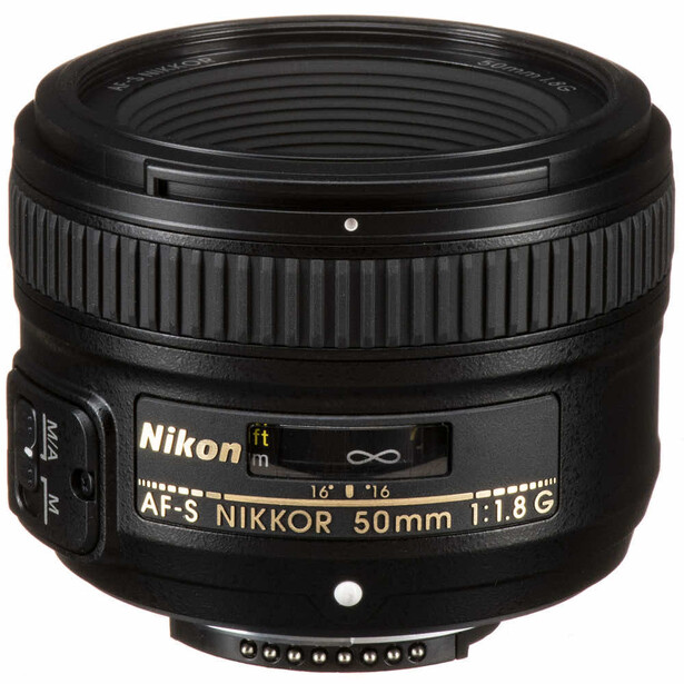 Nikon AF-S Nikkor 50mm f/1.8G prime lens on white background