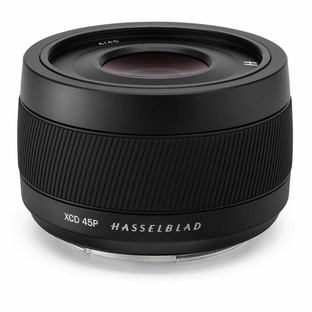 Hasselblad XCD 45P lens with textured rubber focusing ring on neutral background