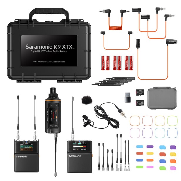 Saramonic K9 XTX wireless microphone system with complete accessories laid out in organized case