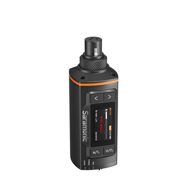 Saramonic wireless microphone transmitter with orange accent band and control panel