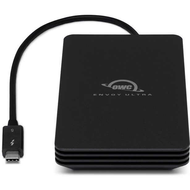 OWC Envoy Ultra Thunderbolt 5 SSD, front view of the aluminum drive with its integrated Thunderbolt cable
