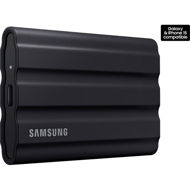 Samsung T7 Shield portable SSD, front view of the textured rubber-clad drive