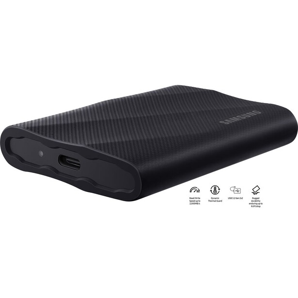Samsung T9 portable SSD, front view of the black rubberized drive with its USB-C port