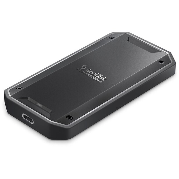 SanDisk Professional PRO-G40 SSD, front view of the rugged aluminum drive with its rubber bumper