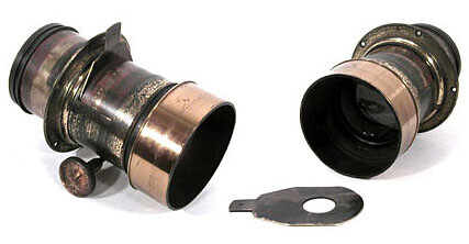 An early Dallmeyer brass-barrel Soft Focus lens with a Waterhouse stop, the flat drilled plate that dropped into a slot cut in the barrel