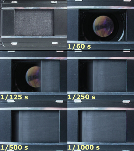 The cloth focal plane shutter of a Minolta SRT303b photographed at successive speeds while an X-sync flash fires