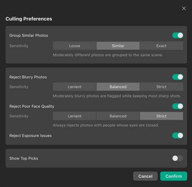 Screenshot of Cutting Preferences settings panel with toggle controls for photo grouping and rejection options
