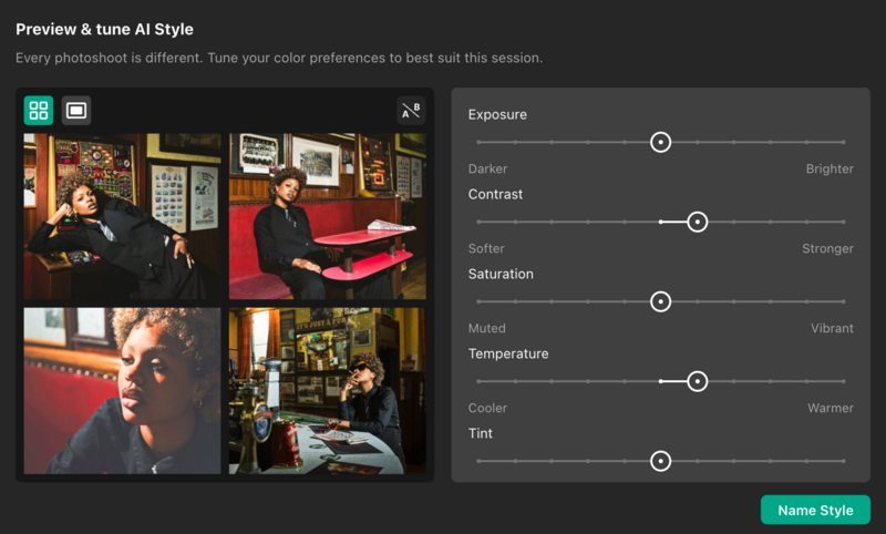 Screenshot of AI style tuning interface showing exposure, contrast, saturation, temperature, and tint adjustment sliders with portrait photography preview grid