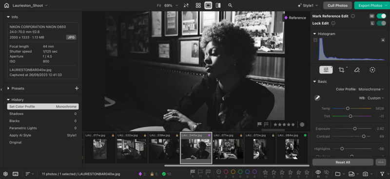 Screenshot of Adobe Lightroom Classic showing black and white portrait editing with histogram and color grading panels