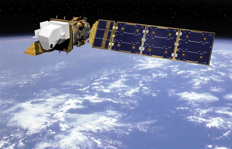 An artist's rendering of NASA's Landsat 8 in orbit, the kind of Earth-observation satellite whose free, continent-wide imagery first revealed emperor penguin colonies by their guano