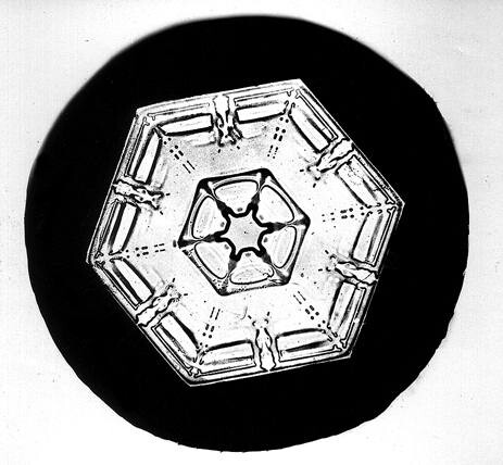 A single Bentley crystal, a sectored hexagonal plate, set off against dark ground by scraping the emulsion away from the flake's outline on a duplicate negative