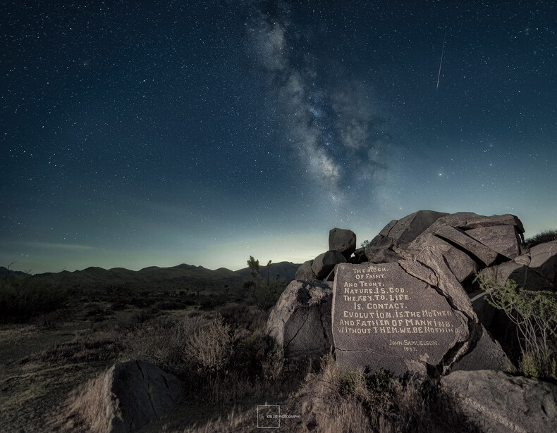 The fascinating messaging from 100 years ago with the Milky Way and a Perseid meteor, Joshua Tree National Park, CA.