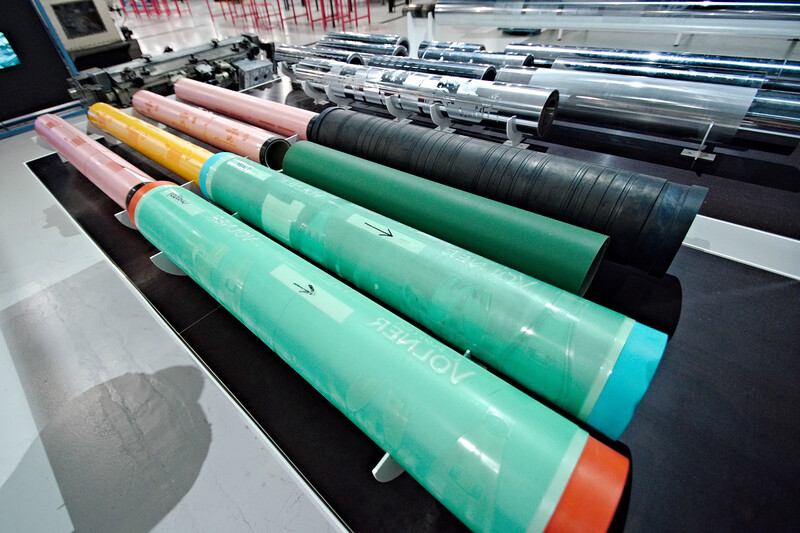 Flexographic printing plates on their cylinders, with rubber and anilox rollers behind them, at the Atelier-musee de l'imprimerie in Malesherbes, France