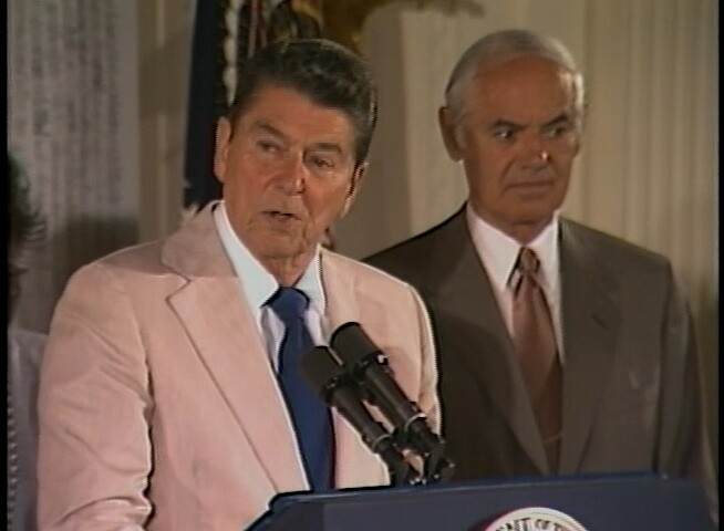 President Reagan speaks in the East Room on June 13, 1984, at the ceremony marking the opening of the National Center for Missing and Exploited Children, where he cited an estimated 1.8 million children missing from their homes each year