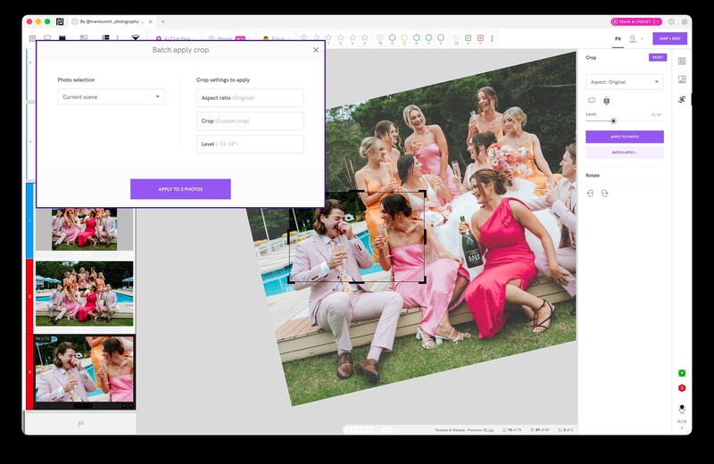Batch Apply Crop pushes one crop and rotation across an entire shoot, all landscapes, all portraits, or a single scene.