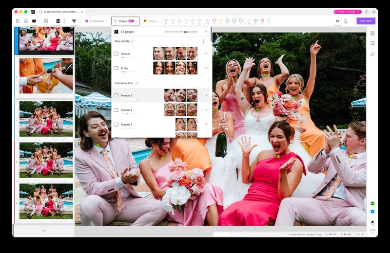 People Filter names every detected face in a shoot and reports how many frames each person appears in, which turns coverage confirmation into a filter rather than a scroll.