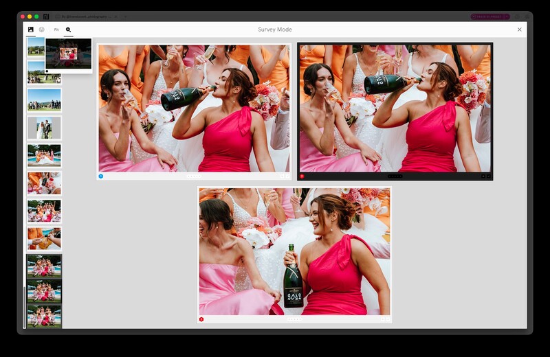 Survey Mode puts near-identical frames side by side and lets you zoom and pan across all of them at once, so the sharpest of a burst is a comparison rather than a guess.