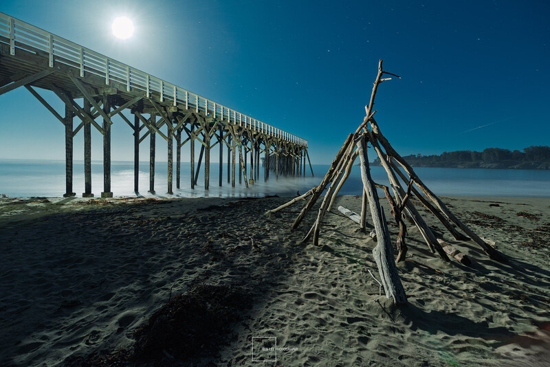 Wooden driftwood structure on beach with pier extending into calm water under clear blue sky