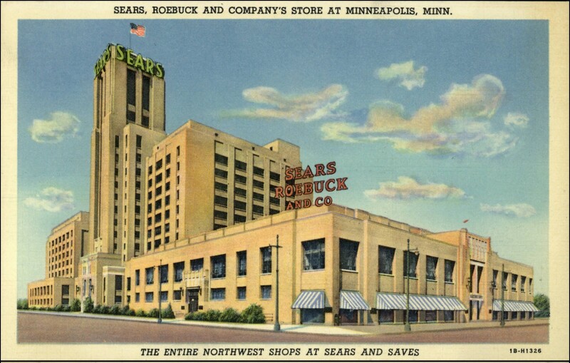 A vintage linen postcard of the Sears, Roebuck and Company store in Minneapolis, its tower and rooftop sign built to be seen for miles