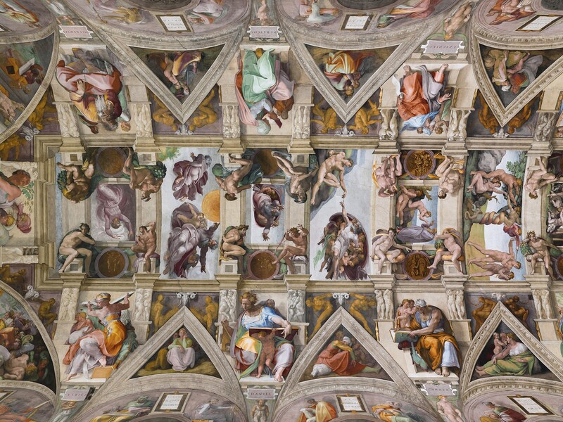 Michelangelo's ceiling in the Sistine Chapel, the single most famous space in the world where visitor photography is prohibited, a ban rooted in a 1980s restoration-funding deal and now justified by conservation and crowd control