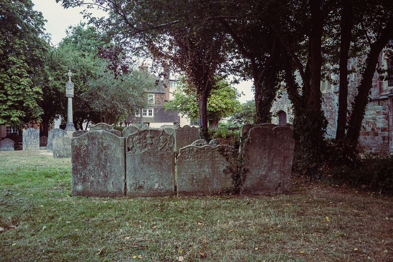 Weathered gravestones beneath towering trees in a historic cemetery with buildings visible beyond
