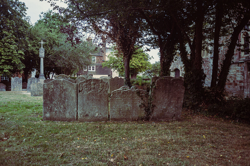 Weathered gravestones in a shaded cemetery with large trees and brick buildings visible in the background