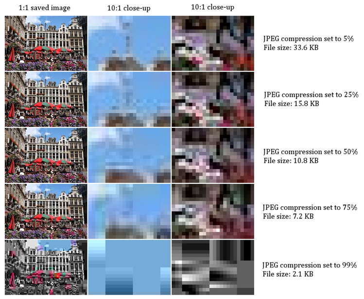 The Grand Place in Brussels saved at five settings, with 10:1 close-ups of the sky and the flower beds beside each full frame