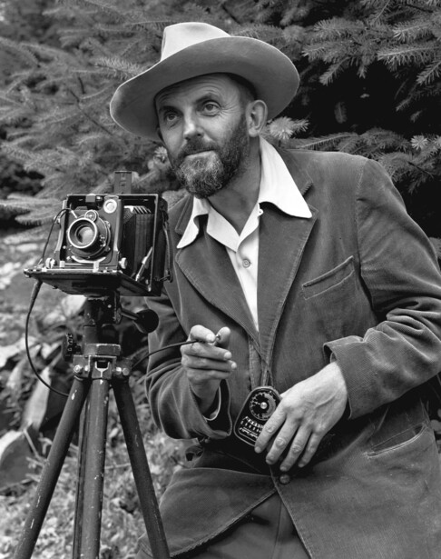 Ansel Adams with his view camera around 1950, in a portrait by J