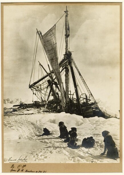 Frank Hurley's photograph of Shackleton's ship Endurance heeled over and breaking up in the pack ice of the Weddell Sea, 1915