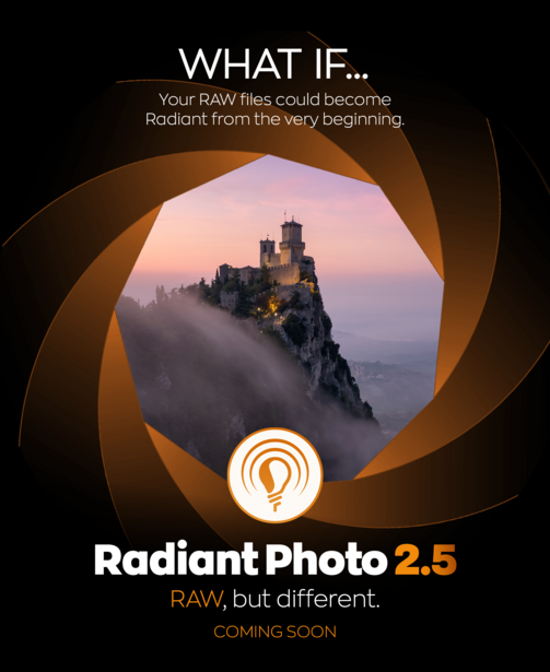 Graphic promoting Radiant Photo 2.5 software, featuring a castle on a misty mountain framed by a large aperture design
