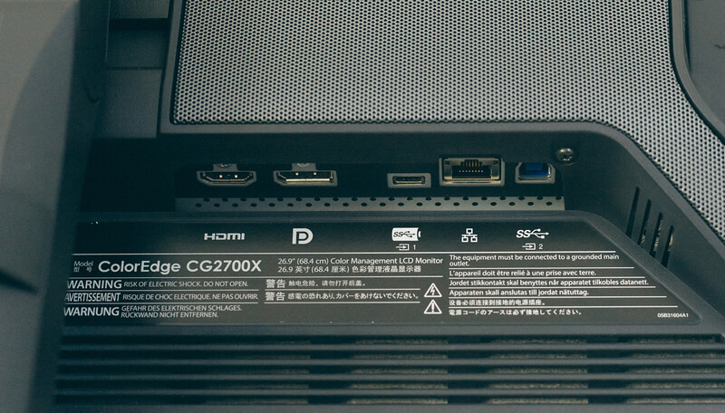 Close-up of EIZO ColorEdge CG2700X monitor rear panel showing connectivity ports and specifications
