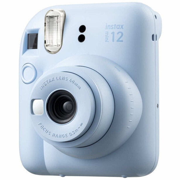 Fujifilm Instax Mini 12 instant camera in light blue, front three-quarter view against white background