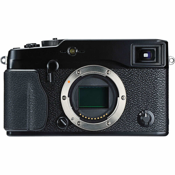 Fujifilm X-Pro2 mirrorless camera body with black and charcoal finish, shown from front view displaying sensor