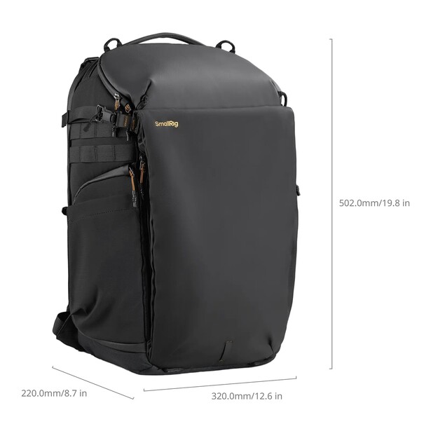 Black camera backpack shown with dimensions labeled on three sides