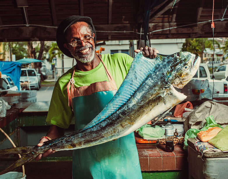 Fishmonger holding large blue and gold mackerel at outdoor market stall