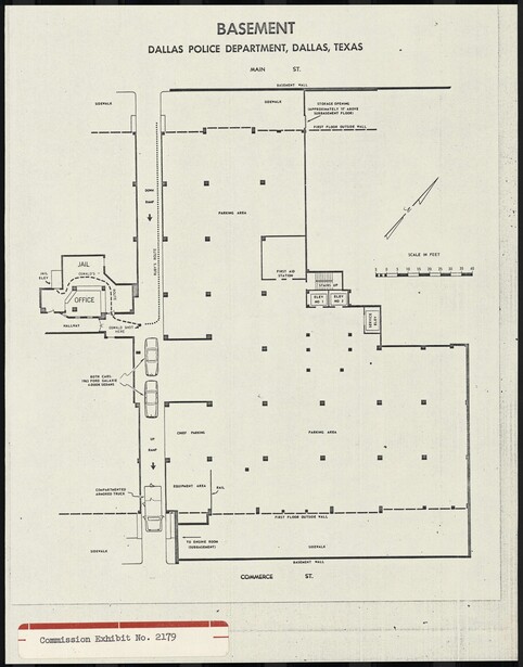 Commission Exhibit 2179, the Warren Commission's scale plan of the basement, drawn to a 40-foot scale bar