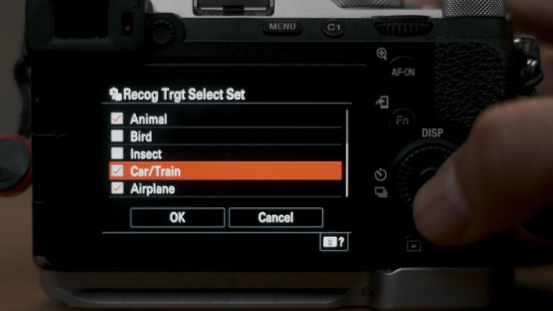Screenshot of camera menu showing Recognition Target Select Set with options for Animal, Bird, Insect, Car/Train, and Airplane