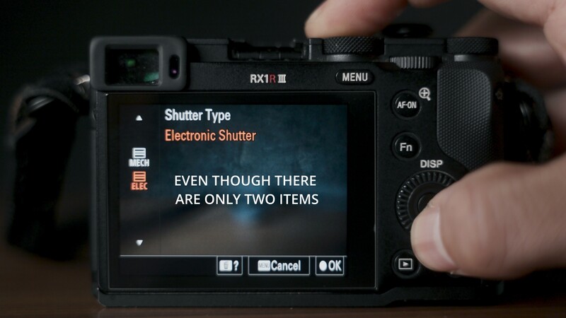 Screenshot of Sony RX1R III camera menu displaying Shutter Type options with Electronic Shutter selected